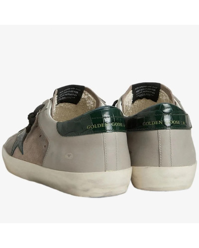 Mens Super-Star in Beige Suede with Green Croc-Print Leather Star and Heel Tab