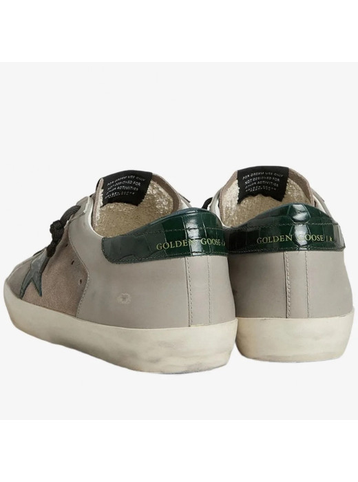 Mens Super-Star in Beige Suede with Green Croc-Print Leather Star and Heel Tab