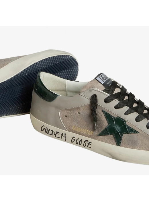 Mens Super-Star in Beige Suede with Green Croc-Print Leather Star and Heel Tab