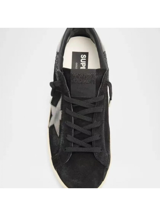 Super-Star in Black Suede with Silver Glitter Star and Grey Heel Tab