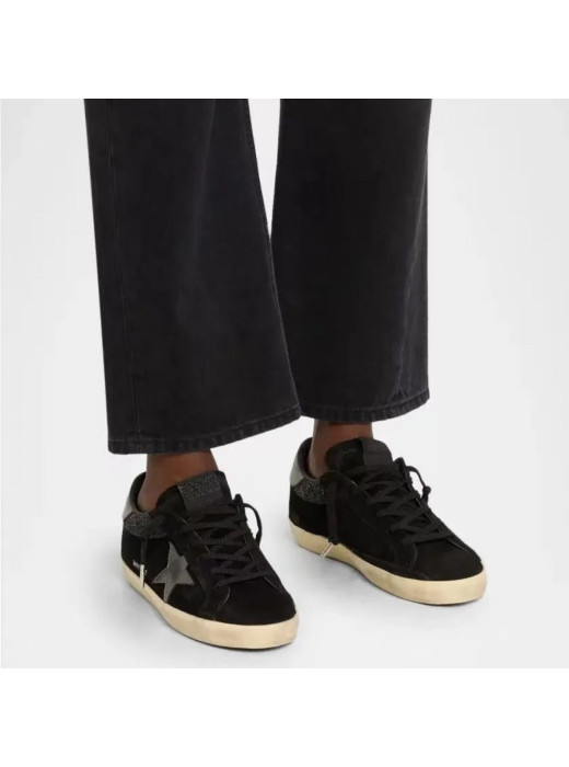 Super-Star in Black Suede with Silver Glitter Star and Grey Heel Tab